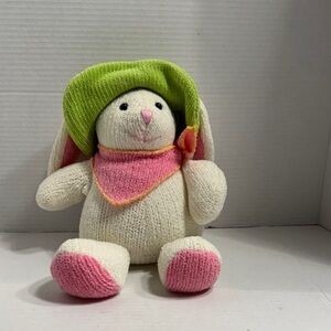 Plush Cream Bunny with Pink Accents and Green Hat - Soft Cuddly Toy